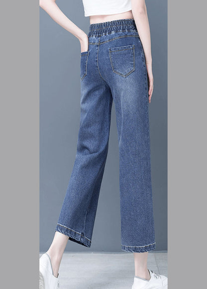 Denim Blue Patchwork Elastic Waist Crop Wide Leg Pants Ty1065