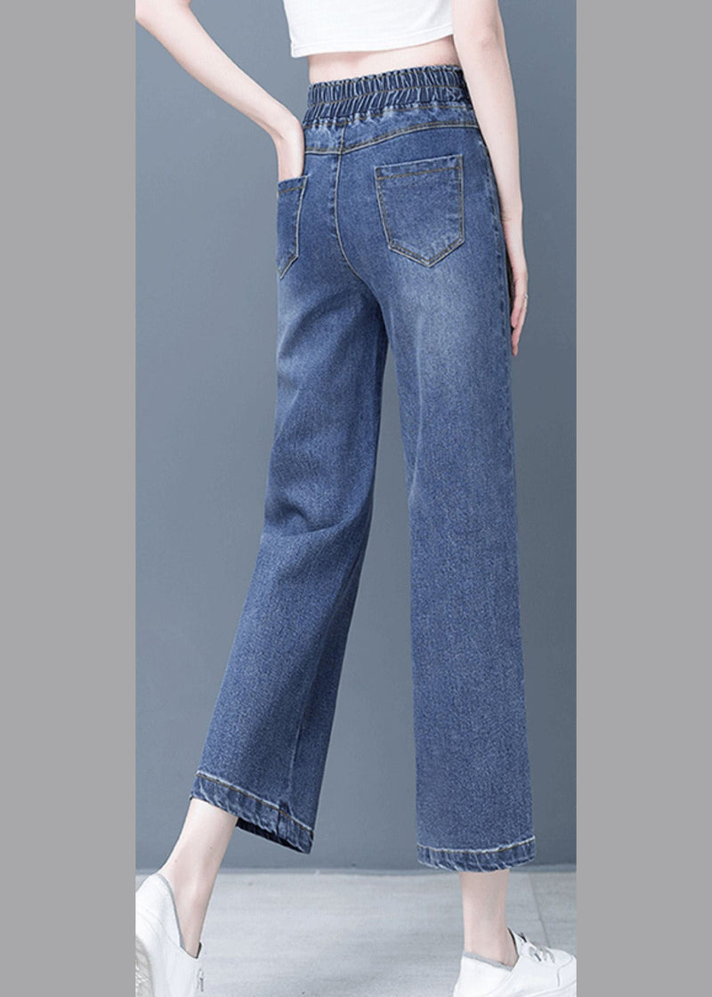 Denim Blue Patchwork Elastic Waist Crop Wide Leg Pants Ty1065