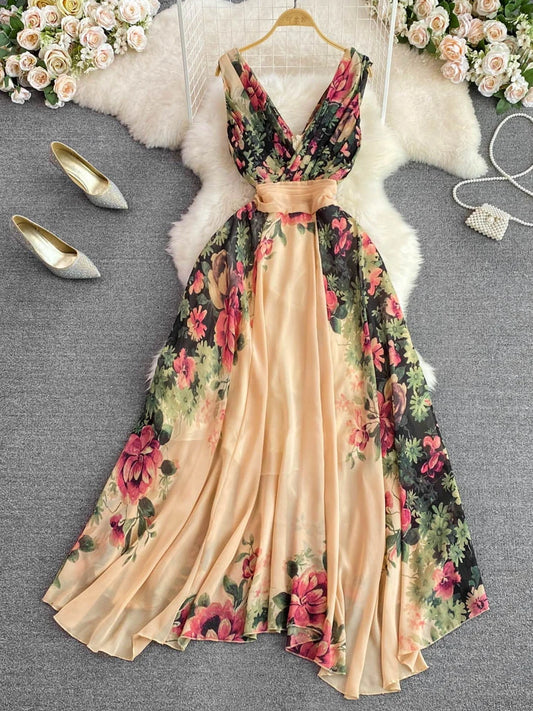Evening Party Dress V-neck Printed A-line Long Dresses Sleeveless Slim A-line Chiffon Long Robe