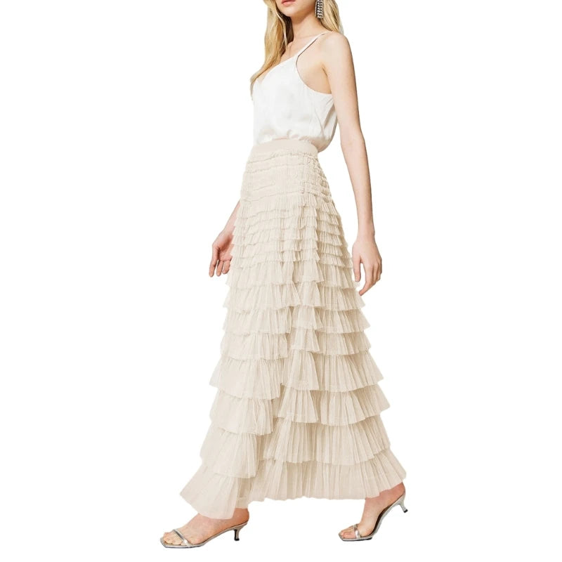 Fairy Tulle Tiered Elastic High Waist Mesh Ruffle Layered Long Skirt
