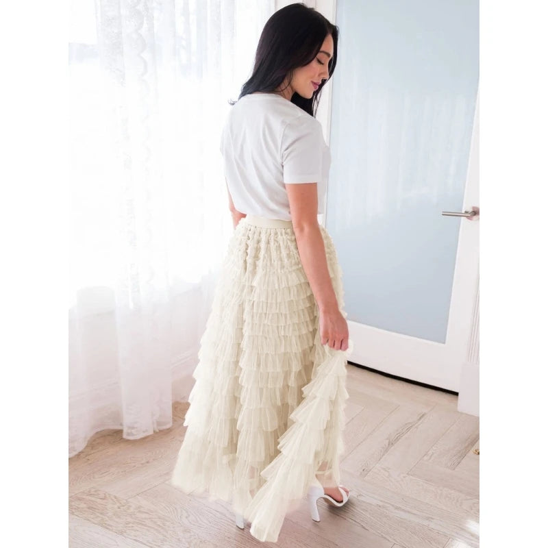 Fairy Tulle Tiered Elastic High Waist Mesh Ruffle Layered Long Skirt