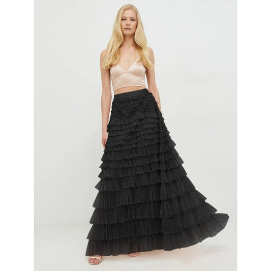 Fairy Tulle Tiered Elastic High Waist Mesh Ruffle Layered Long Skirt