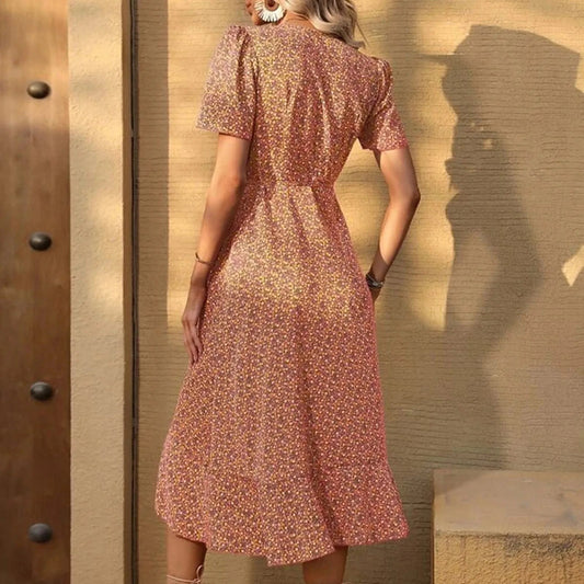 H Shaped V Neck Puff Sleeve Midi Dress