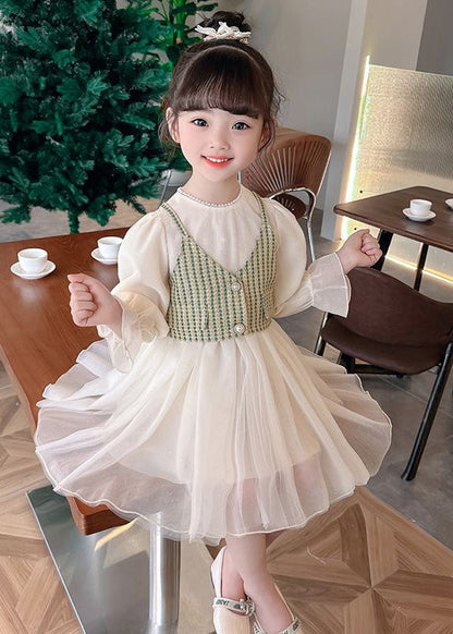 Green Button Waistcoat and Dress Tulle Kids Two Pieces Set Fall Xz075