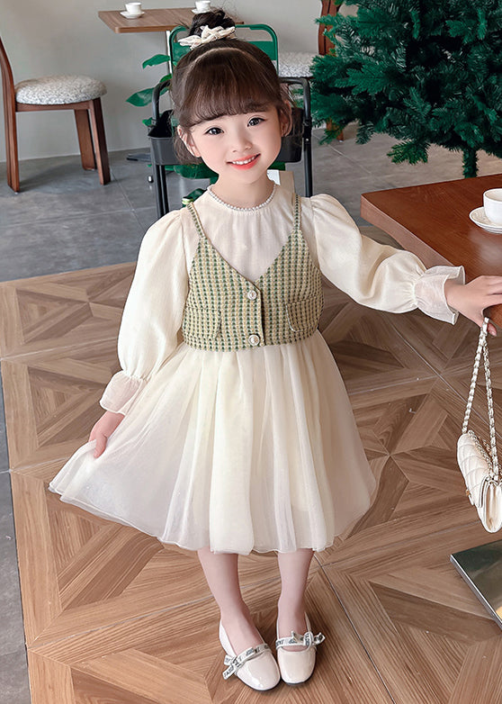 Green Button Waistcoat and Dress Tulle Kids Two Pieces Set Fall Xz075