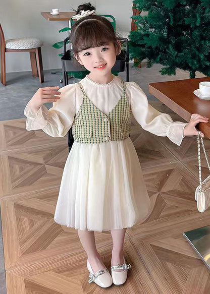 Green Button Waistcoat and Dress Tulle Kids Two Pieces Set Fall Xz075