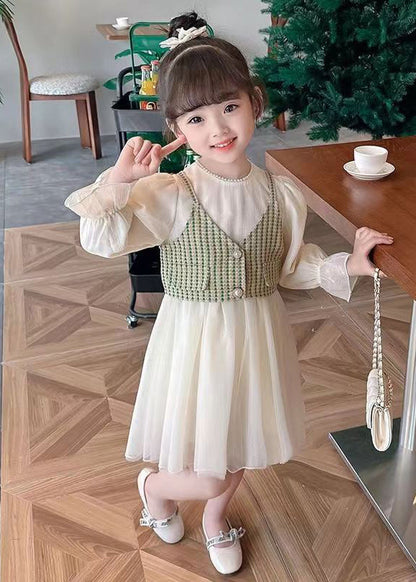 Green Button Waistcoat and Dress Tulle Kids Two Pieces Set Fall Xz075