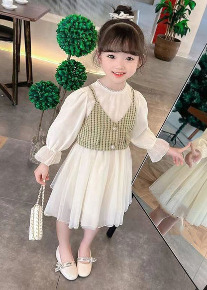 Green Button Waistcoat and Dress Tulle Kids Two Pieces Set Fall Xz075