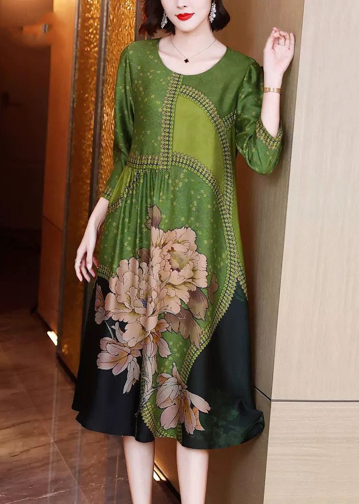 Green O Neck Print Patchwork Silk Long Dresses Spring Op1080