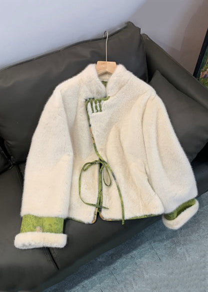 Green Patchwork Tie Waist Fuzzy Fur Fluffy Mink Velvet Coat Winter Ag1046