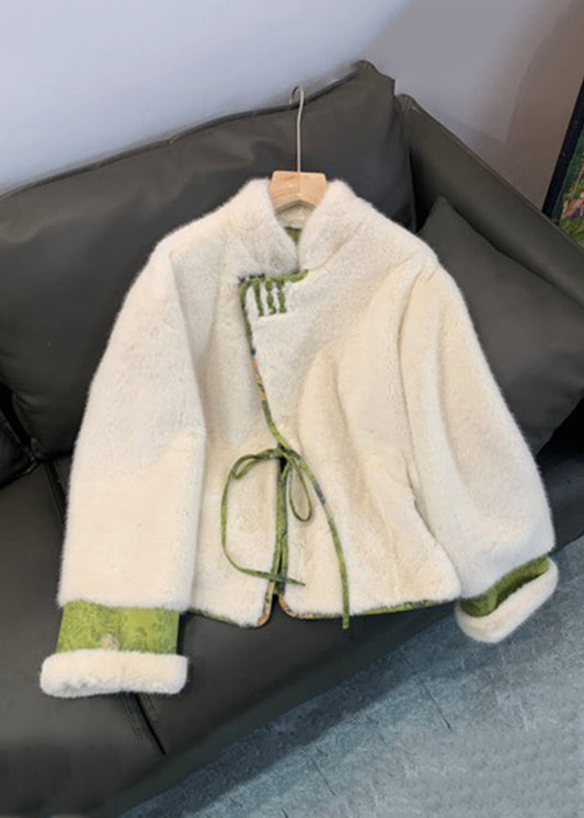 Green Patchwork Tie Waist Fuzzy Fur Fluffy Mink Velvet Coat Winter Ag1046