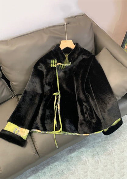 Green Patchwork Tie Waist Fuzzy Fur Fluffy Mink Velvet Coat Winter Ag1046