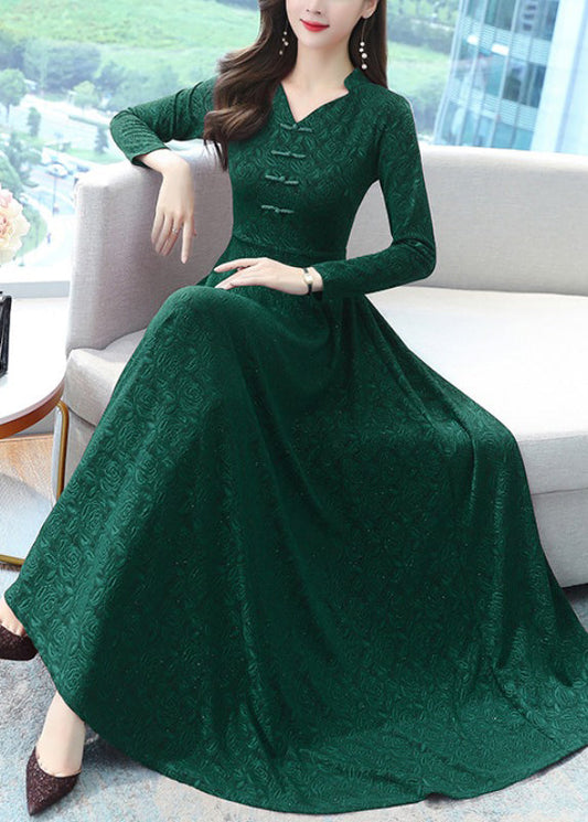 Green Print Chinese Button Cotton Long Dresses Oo027