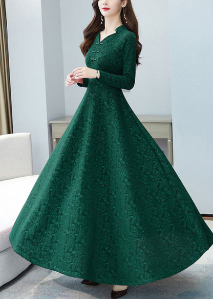 Green Print Chinese Button Cotton Long Dresses Oo027