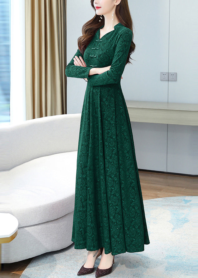 Green Print Chinese Button Cotton Long Dresses Oo027