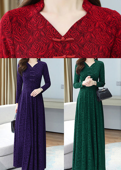 Green Print Chinese Button Cotton Long Dresses Oo027