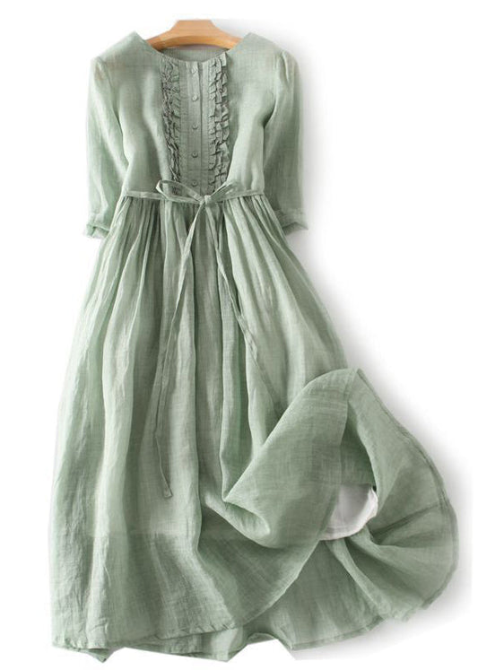 Green Ruffled Button Tie Waist Cotton Long Dress Half Sleeve Qa030
