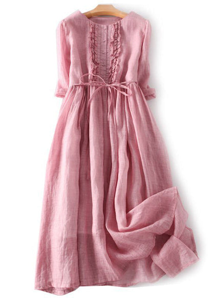 Green Ruffled Button Tie Waist Cotton Long Dress Half Sleeve Qa030