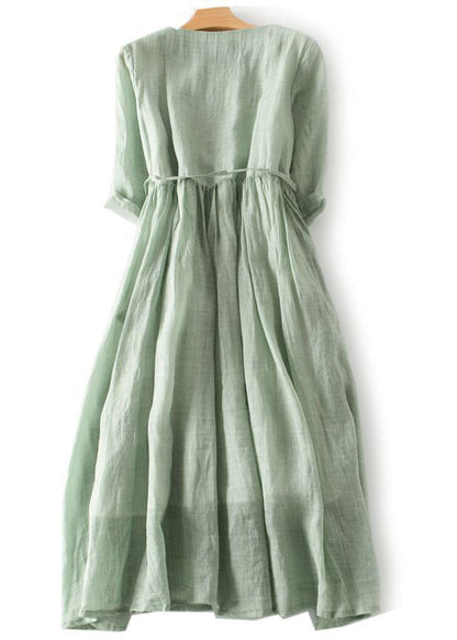 Green Ruffled Button Tie Waist Cotton Long Dress Half Sleeve Qa030