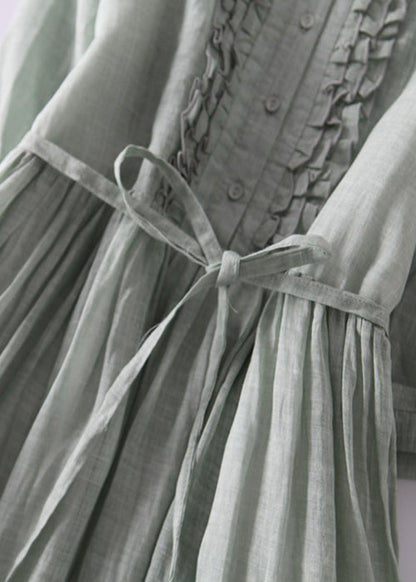 Green Ruffled Button Tie Waist Cotton Long Dress Half Sleeve Qa030