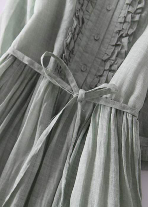 Green Ruffled Button Tie Waist Cotton Long Dress Half Sleeve Qa030