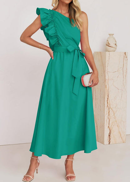 Green Ruffled Tie Waist Cotton Long Dress Summer Bb059