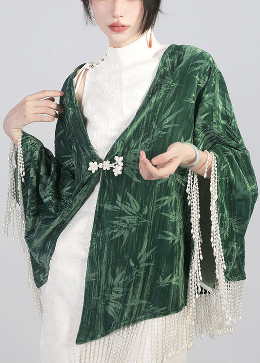 Green Tasseled Chinese Button Cotton Cape Coats Spring Qa1019