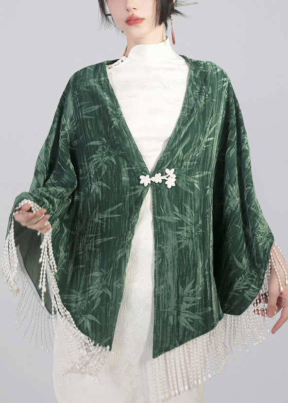 Green Tasseled Chinese Button Cotton Cape Coats Spring Qa1019