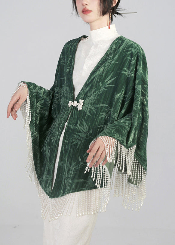 Green Tasseled Chinese Button Cotton Cape Coats Spring Qa1019