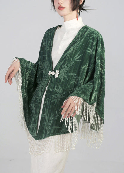 Green Tasseled Chinese Button Cotton Cape Coats Spring Qa1019