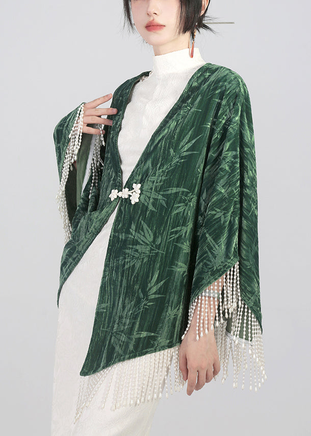 Green Tasseled Chinese Button Cotton Cape Coats Spring Qa1019