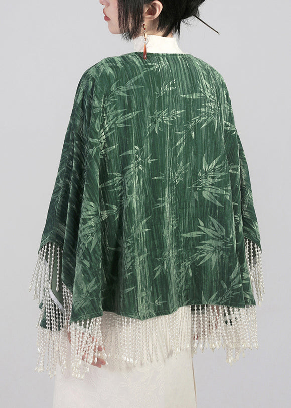 Green Tasseled Chinese Button Cotton Cape Coats Spring Qa1019