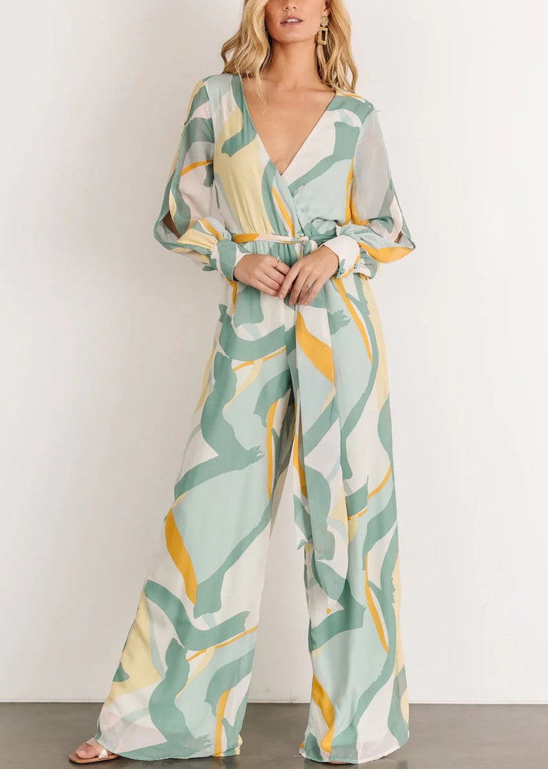 Pink Lace Up High Waist Chiffon Jumpsuits V Neck Fall Au1006