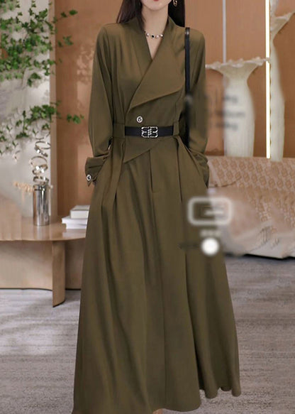 Green V Neck Waist Sashes Cotton Long Dresses Fall Rf013