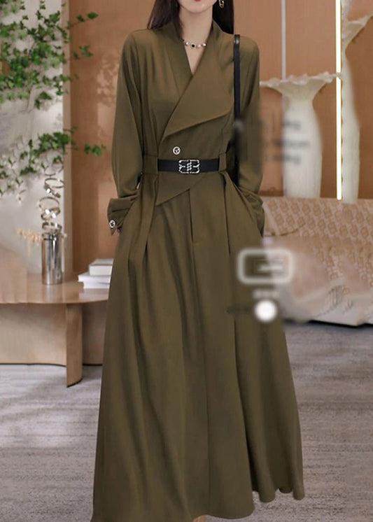 Green V Neck Waist Sashes Cotton Long Dresses Fall Rf013