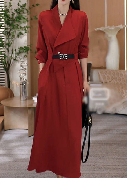 Green V Neck Waist Sashes Cotton Long Dresses Fall Rf013