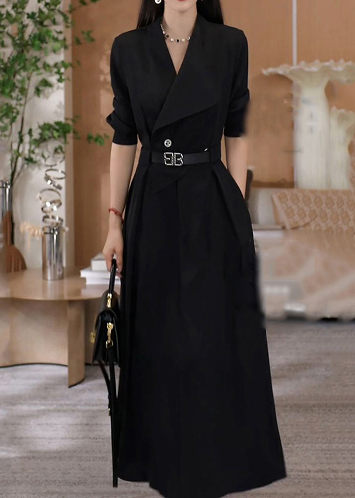 Green V Neck Waist Sashes Cotton Long Dresses Fall Rf013