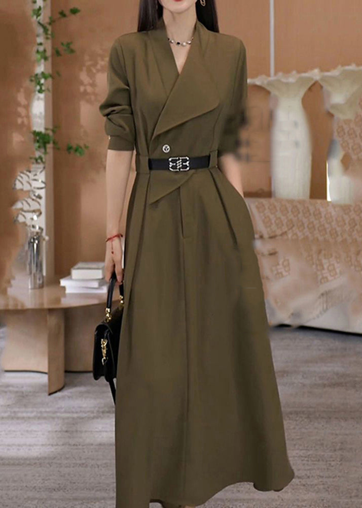 Green V Neck Waist Sashes Cotton Long Dresses Fall Rf013