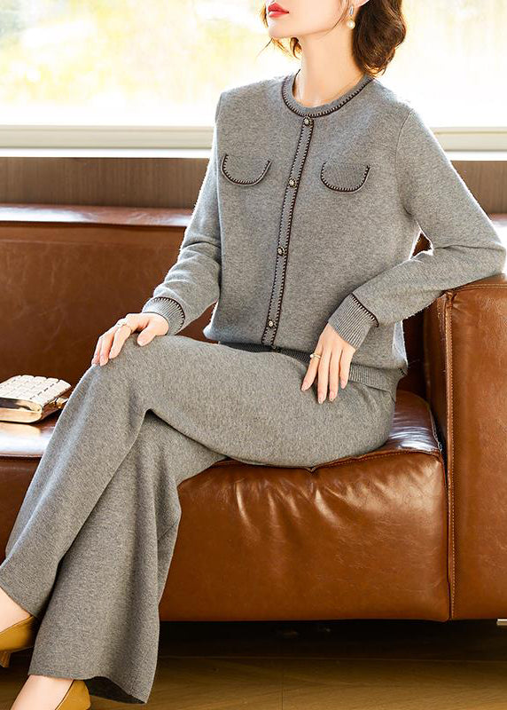 Grey O Neck Tops and Pants Wool Two Pieces Set Spring Tq026