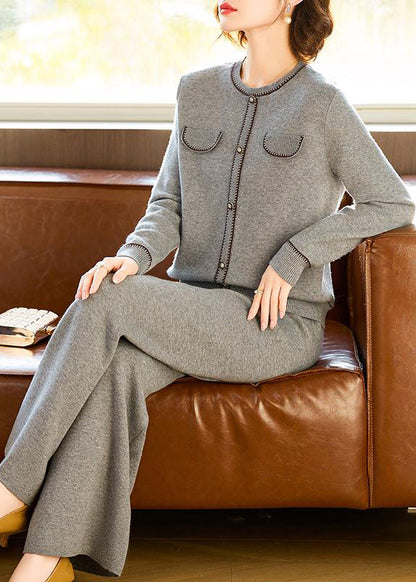 Grey O Neck Tops and Pants Wool Two Pieces Set Spring Tq026