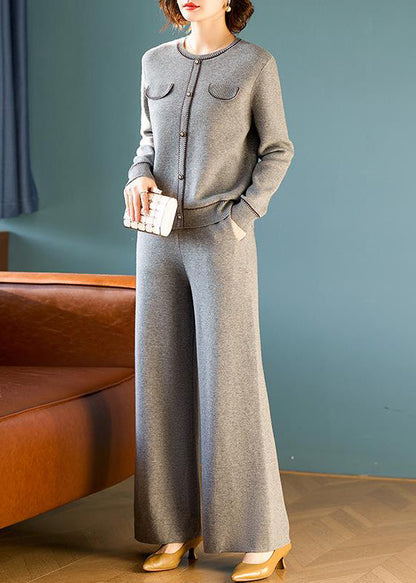 Grey O Neck Tops and Pants Wool Two Pieces Set Spring Tq026