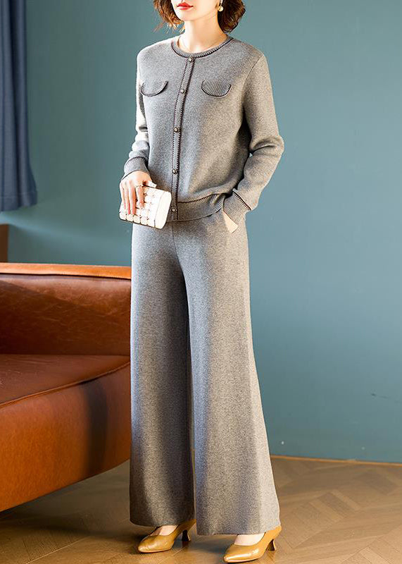 Grey O Neck Tops and Pants Wool Two Pieces Set Spring Tq026