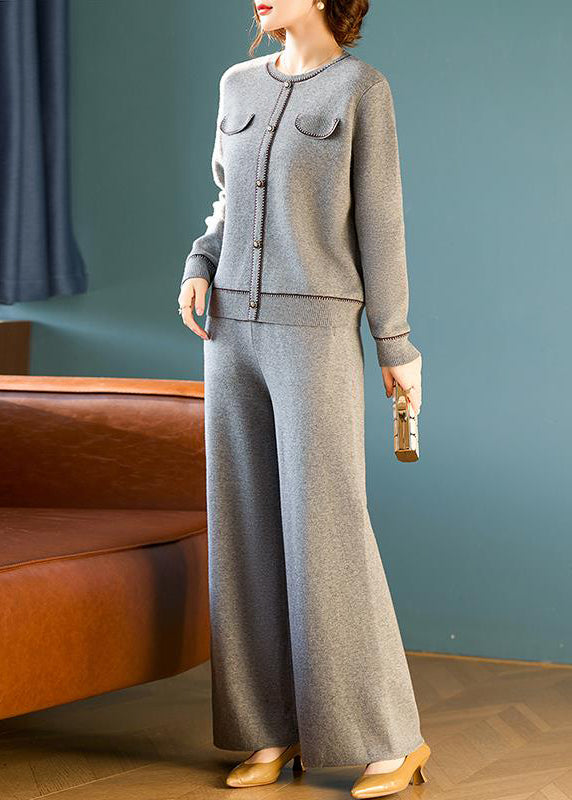 Grey O Neck Tops and Pants Wool Two Pieces Set Spring Tq026