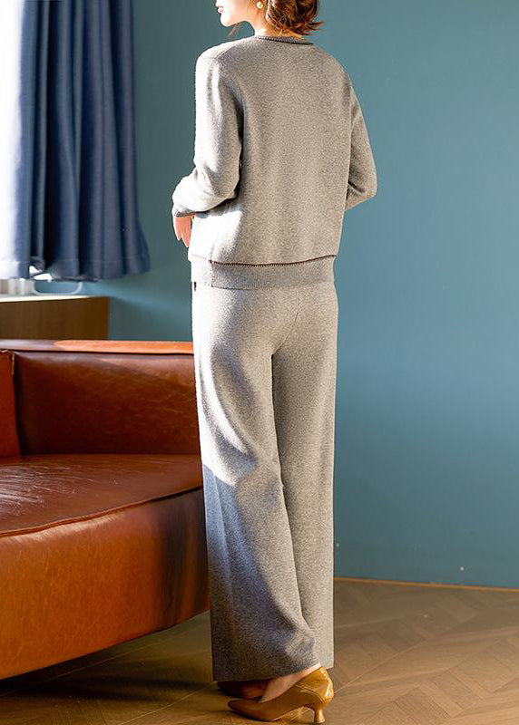 Grey O Neck Tops and Pants Wool Two Pieces Set Spring Tq026