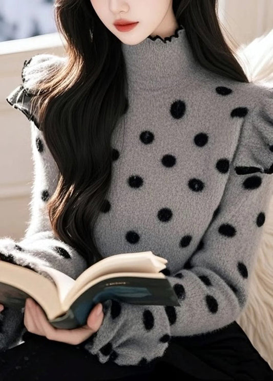 Grey Ruffled Patchwork Knitted Sweaters Tops Spring Tn040
