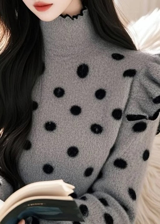 Grey Ruffled Patchwork Knitted Sweaters Tops Spring Tn040