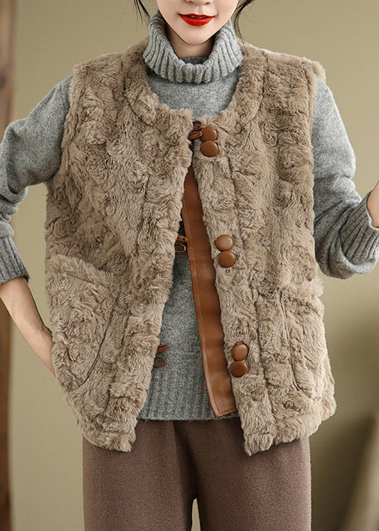 Khaki Button Pockets Teddy Faux Fur Waistcoat Sleeveless Er028