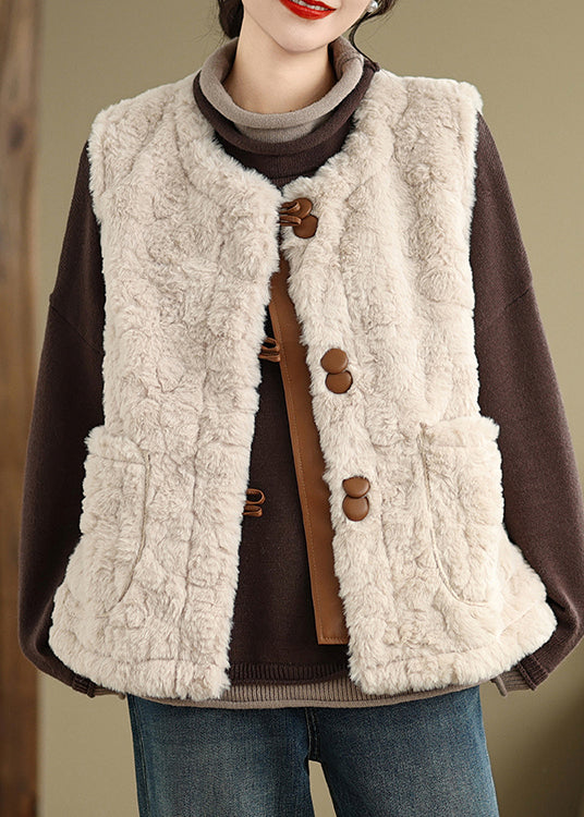 Khaki Button Pockets Teddy Faux Fur Waistcoat Sleeveless Er028