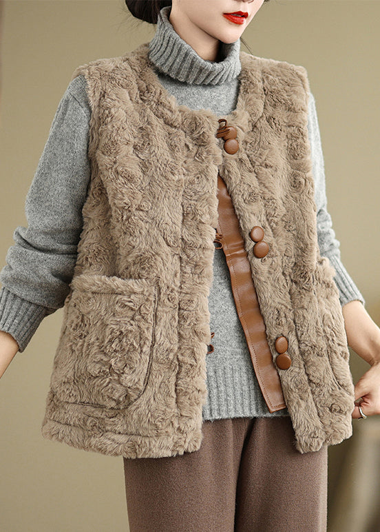 Khaki Button Pockets Teddy Faux Fur Waistcoat Sleeveless Er028
