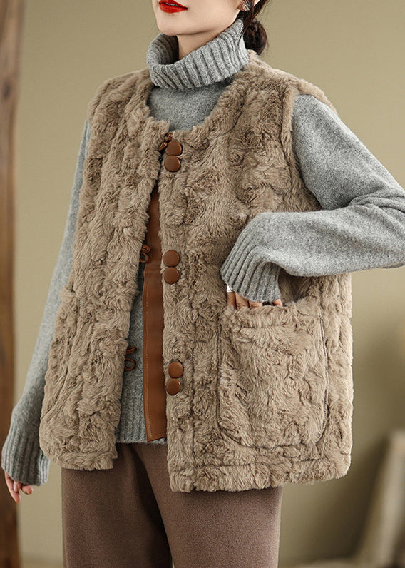 Khaki Button Pockets Teddy Faux Fur Waistcoat Sleeveless Er028